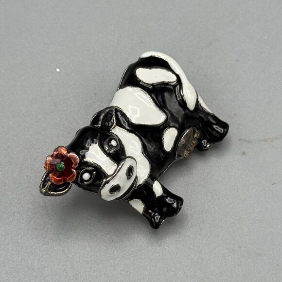 Vtg MJ Enameled Black and White Cow Brooch Pendant Red Flower Farmcore 1.5" - Picture 6 of 7